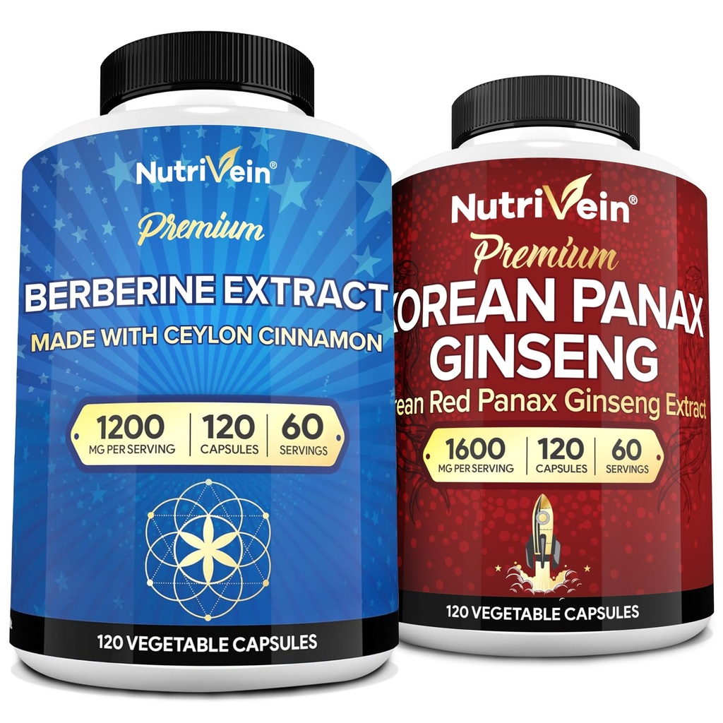 Nutriční Premium Korean Panax Ginseng Dodatek & Berberine doplňky Bundle: High- Absorpce Berberine Complex & Genuine Red Ginseng Bundle pro denní Clarity, Vitality, & Wellness