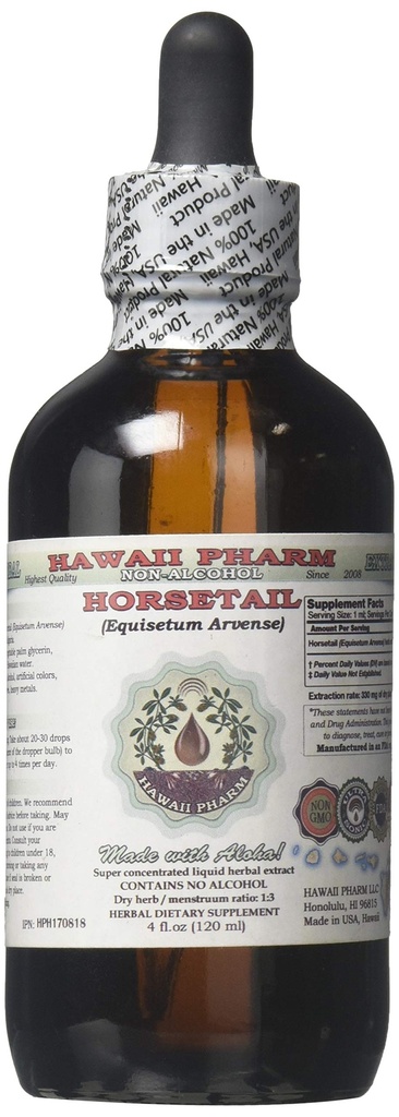 Horsetail Alcohol- Free Liquid Extract, Organic Horsetail (Equisetum arvense) Sušený Herb Glycerite Hawaii Pharm Natural Herbal Dodatek 4 oz