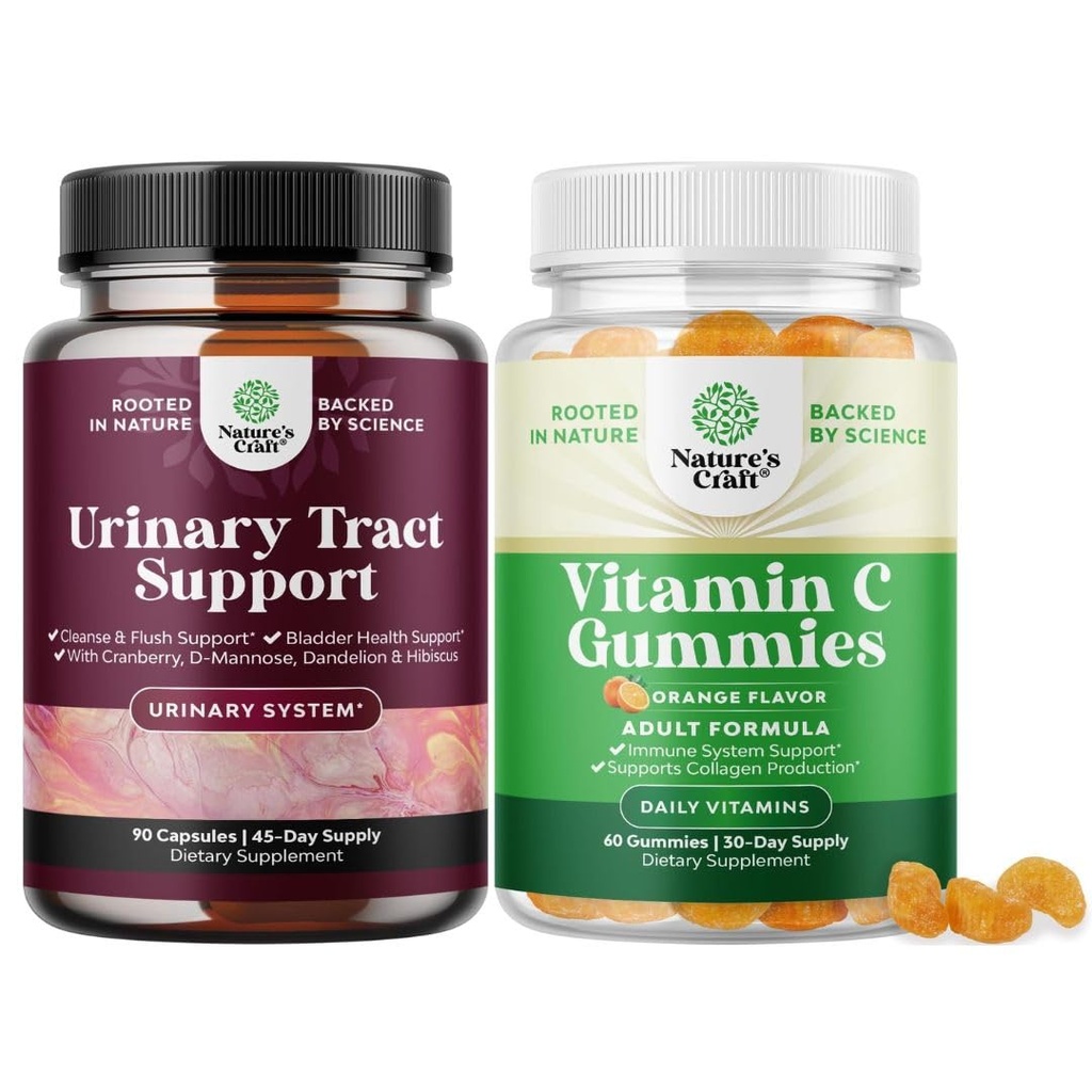 Bundle D Mannose Kapsle pro močové trakt Zdraví pro ženy rychle působící Super Koncentrované Cranberry 90ct a Žvýkací vitamin C Gummies pro dospělé - Halální vitamín C Imunitní podpůrná gumy
