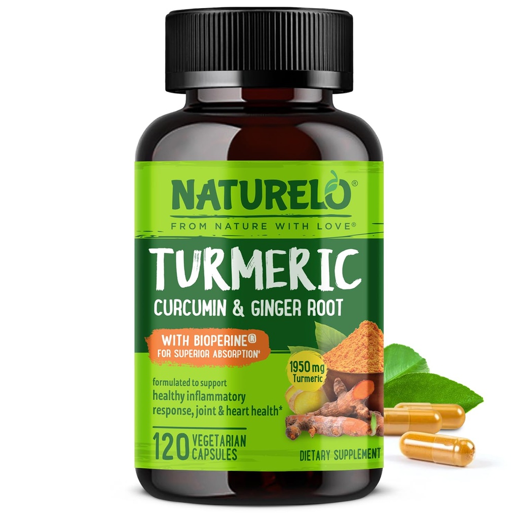 NATURELO Kurkumin Kurkumin - BioPerine pro lepší absorpci - Black Pepper, Ginger Root, Kurkuminoidy - Podpora společného nepohodlí na bázi Plant- 120 Veganských kapslí