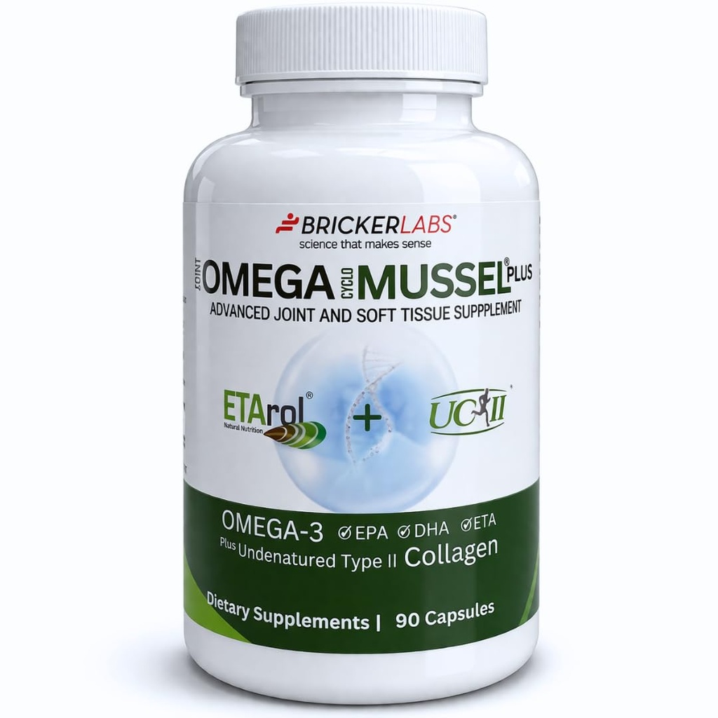 Bricker Labs Omega Cyclo - Mussel Plus UC-II, Premium NZ Green Lipped Mussel Plus UC-II Nedenaturovaný typ II Collagen, Ultimate společný dodatek pro společné zdraví a pohodlí, 90 Kapsle