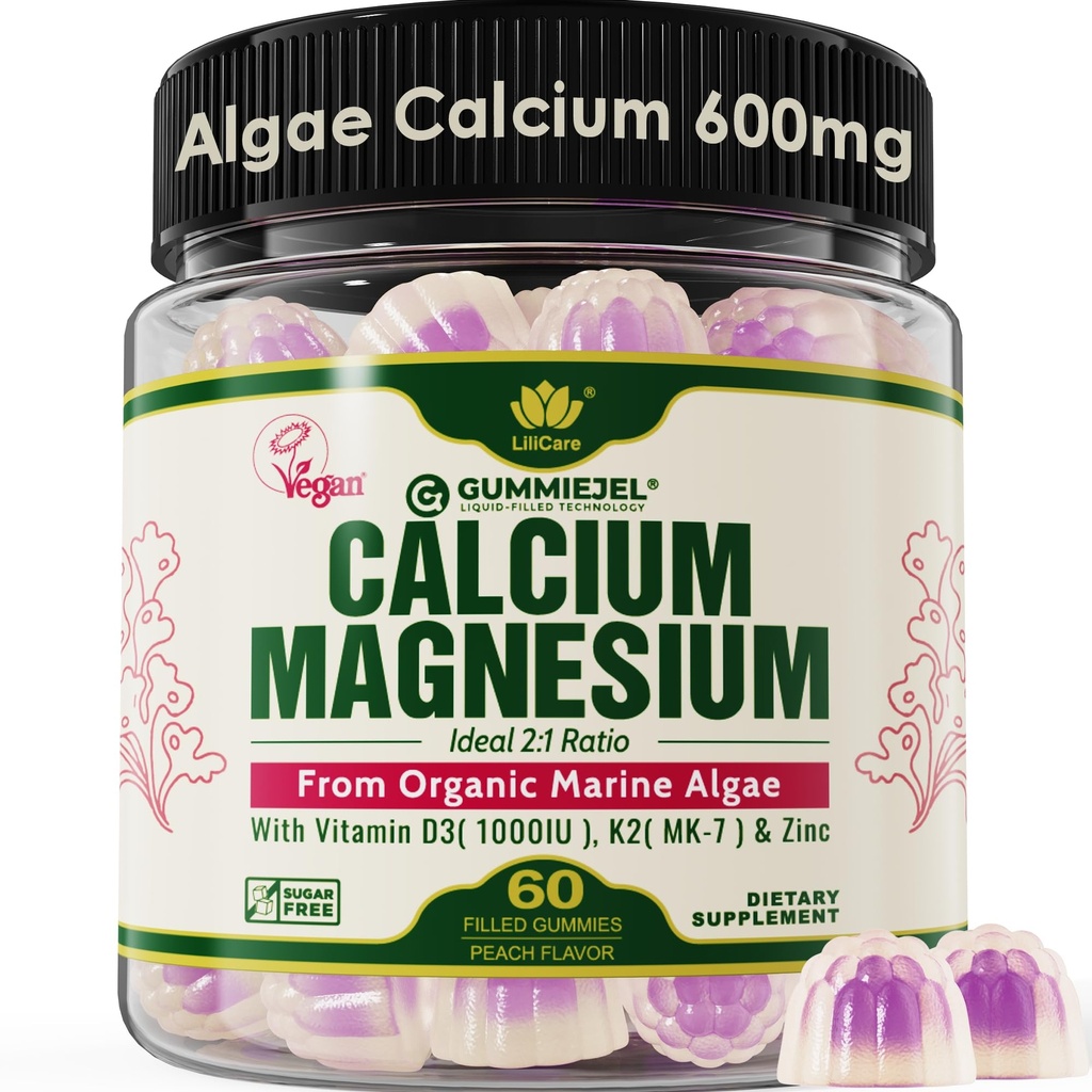Rostlinné vápníkové gumy 600mg s vitamínem D3 K2, hořčík, zinek pro sílu kostí, bezcukerné vápníkové doplňky pro ženy a muže (certifikovaný Vegan) z udržitelně organických červených řas - 60