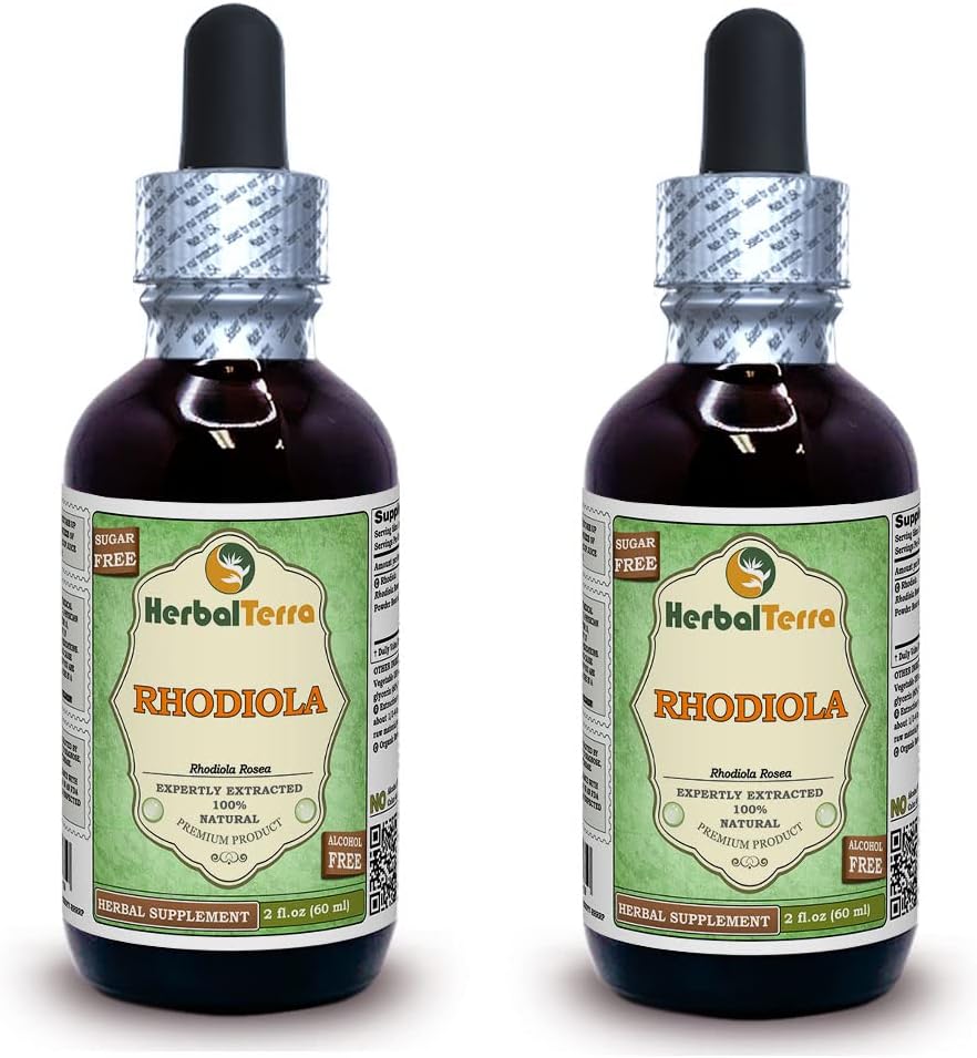 Rhoddiola (Rhoddiola Rosea) Glycerite, Organic Sured Roots Alcohol- Free Liquid Extract (Značka: HerbalTerra, Proudly Made in USA) 2x2 fl.oz (2x60 ml)