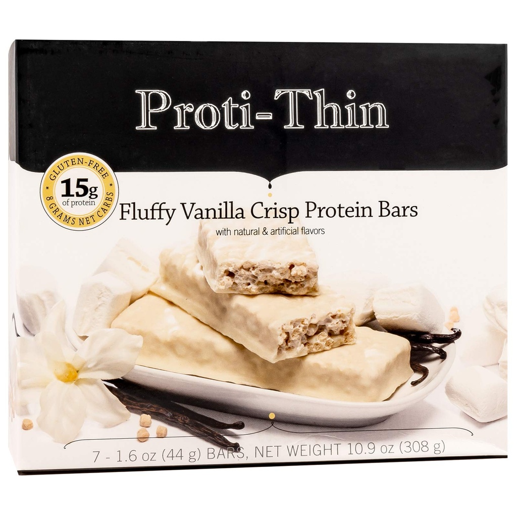 Proti- Thin Fluffy Vanilla Crisp Protein Bary, 15g Protein, Nízká kalorie, Velmi nízká sacharid (VLC), Nízký tuk, High Fiber Snack Bar, KETO Diet Friendly, Ideální protein kompatibilní, No Gluten ingredience, 7 / Box