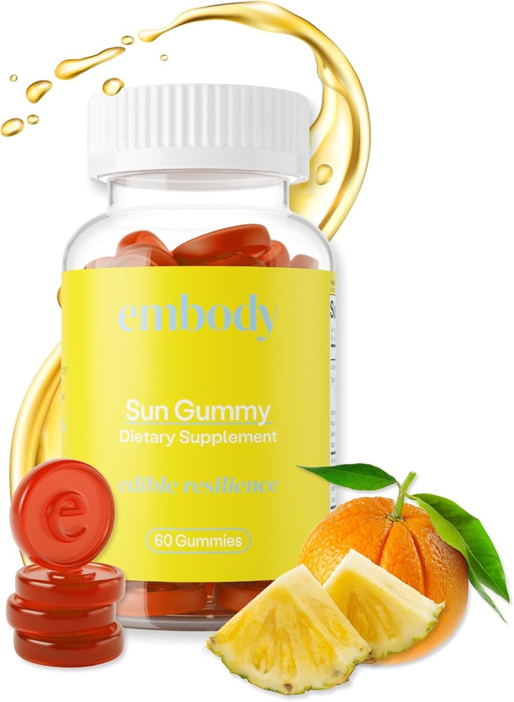 Embody Antioxidant Sun Gummy, Orange Ananas Flavor, Fern Extract dodatek pro anti- Aging, Dark Spots, Zdravá pleť - Promotes kolagen Production, Vitamin C, Selen (60 Počet, Orange Ananas)
