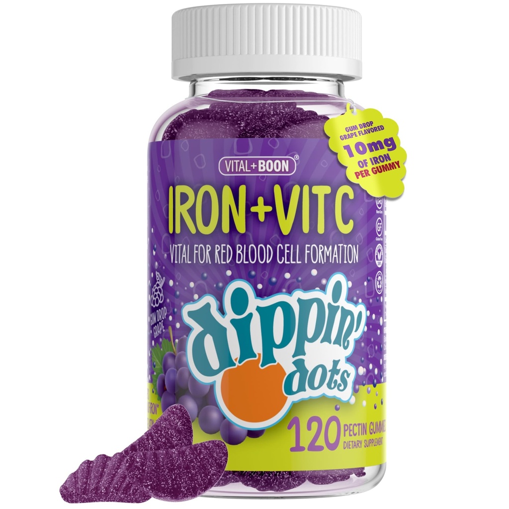 Železo s vitaminem C & B12 Gummies (120 Počet) Vital pro tvorbu červených krvinek 124; Gum Drop Grape Real Pectin Ovoce Chew doplňky 124; Vegan, Non- GMO, Gluten Free & Želatina zdarma
