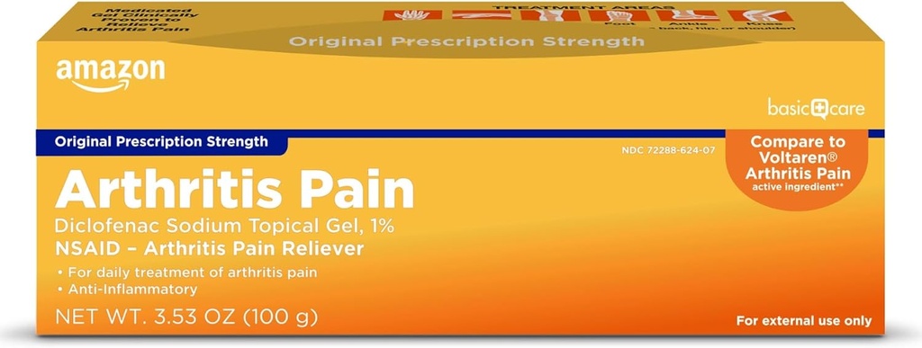 Basic Care Artrial Pain Relieving Gel, Diklofenac Topical Gel, 1 Procento, Non- steroidní anti- zánětlivé léky, 100 Grams, 3,53 unce (Balení po 1) (Balení se může lišit)