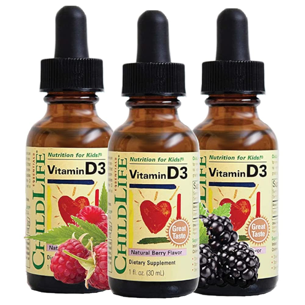 Dětský život ESSENTIALS Vitamin D3 Drops - Vitamin D Drops pro kojence, Vitamin D Drops, Tekutý vitamin D pro děti, Toddlers 1-3, Děti, 500 IU per Serving - Natural Berry, 1 Fl Oz (balení po 3)