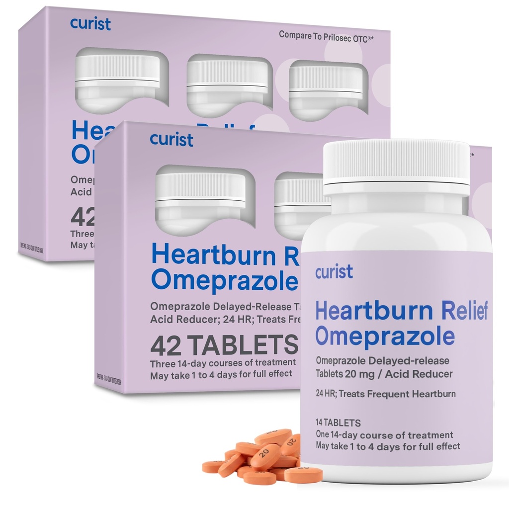 Curist Omeprazol 20mg Tablety Bulk Pack - 84Count Delayed- Release Tablety - Acid Reflux Medicine for Heartburn Relief (2 balení po 42 tabletách - 84 Celkem)