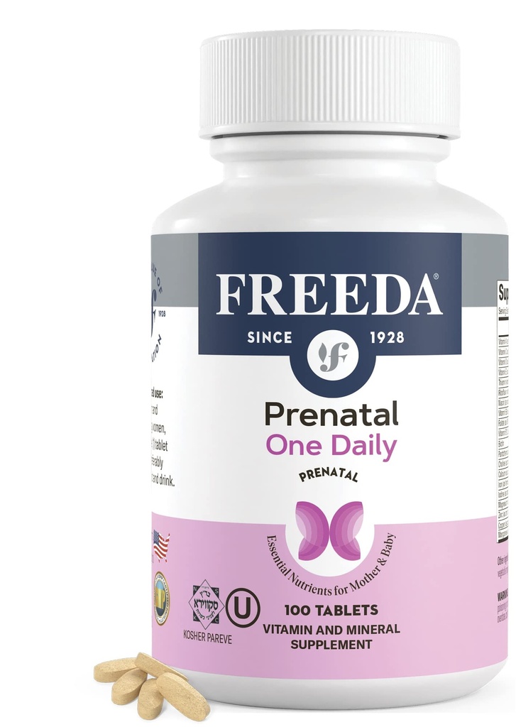 FREEDA Prenatal Vitamin - Kosher Prenatals - Prenatální Vitamíny se železem, Prenatální kyselina listová, Cholin, Vitamin D - Jeden denní Pre Natal Multivitamin Podpora pro těhotné a laktační ženy (100)