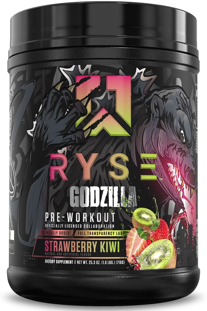 RYSE Godzilla X Noel Deyzel Pre Workout Powder - Strawberry Kiwi - 400mg Caffeine, High Stim Pre- Cvičení pro muže a ženy s Citrulline & Beta Alanin - Energie, Pump & Focus - 20 / 40 Servings