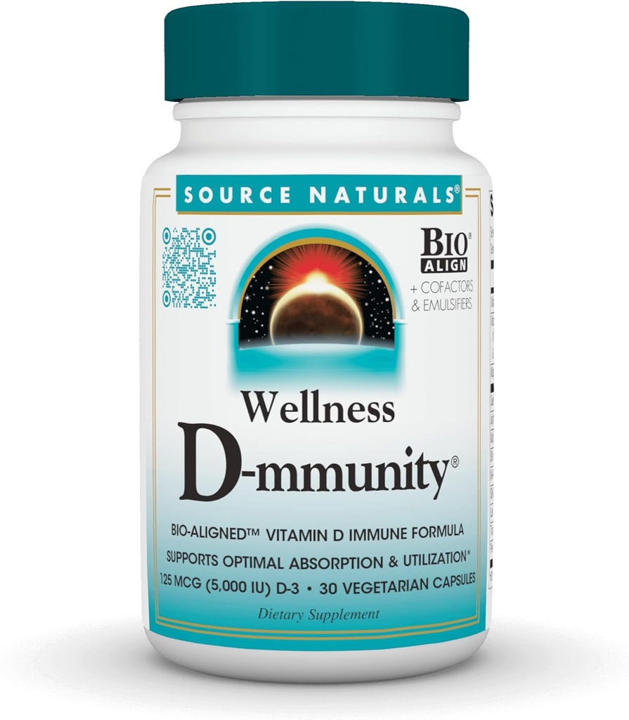 Zdroj Naturals Wellness D- mjednota, Biologicky smíšený vitamin D imunitní vzorec, podporuje optimální absorpci a využití *, 125 mcg (5 000 IU) D- 3- 30 Vegetariánské kapsle