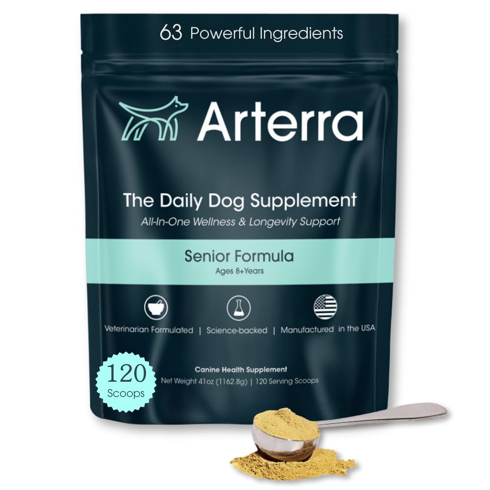 Senior Dog Powder Supplement & Food Topper - 63 Ingredients for Joint, Gut, Imunity & Brain Health - Daily Longevity Multivitamine with Glucosamine, Probiotics, and Fish Oil Scoops 124; 120 Scoops