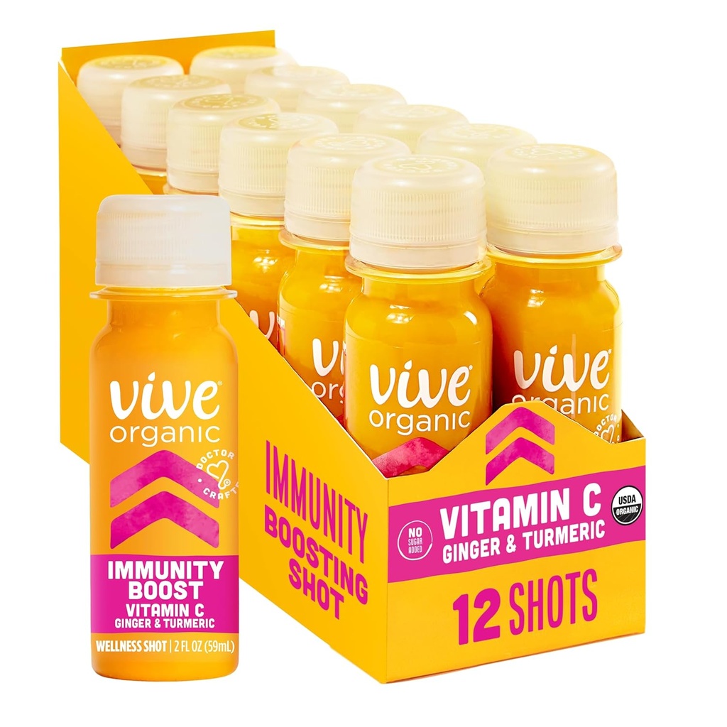 Vive Organic Vitamin C + Imunity Support Shot, Cold- Pressed Turmeric, Ginger & Acerola Cherry, Gluten Free, Vegan, Imunity Boost Vitamin C, 2 Fl Oz (balení po 12)