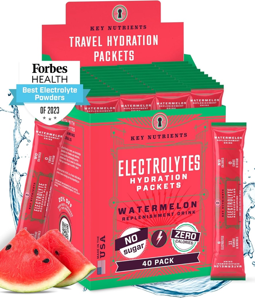 KEY NUTRIENTS Electrolytes Powder Packets - Refreshing Watermeloun 40 Pack Hydration Packets - Travel Hydration Powder - No Sugar, No Calories, Gluten Free - Made in USA