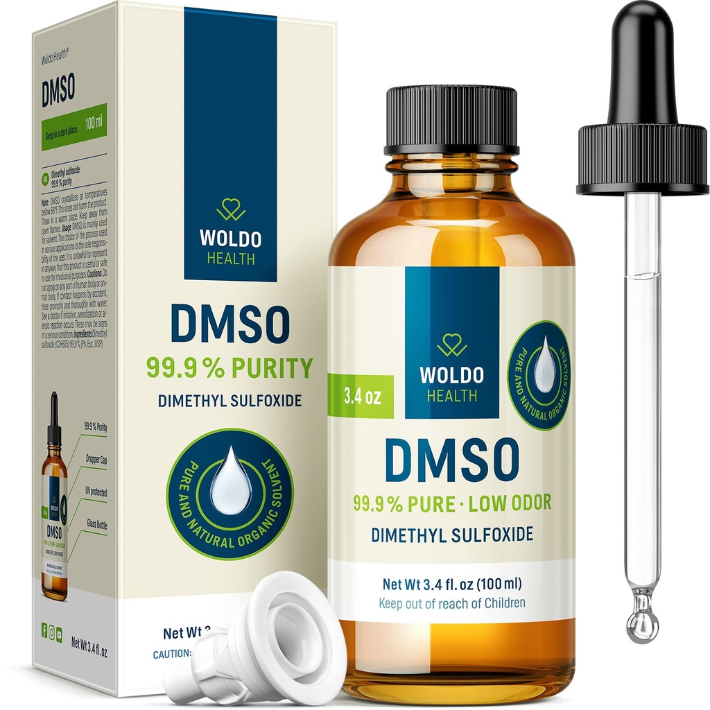 WoldoHealth DMSO 99,9% Pharmaceutical Grade - FT- IR ověřený dimethyl-sulfoxid, rozpouštědlo s nízkým zápachem ve skleněné lahvičce s precizním kapátkem (3.38 oz)