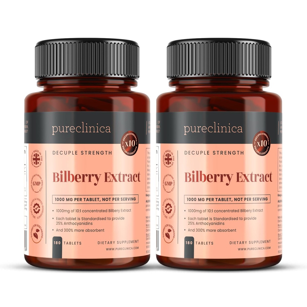 pureclinica Bilberry Extract 10,000mg x 360 tablet (2 lahve) - 10 X Další anthocyanidins w / 5mg Black Pepper Extract