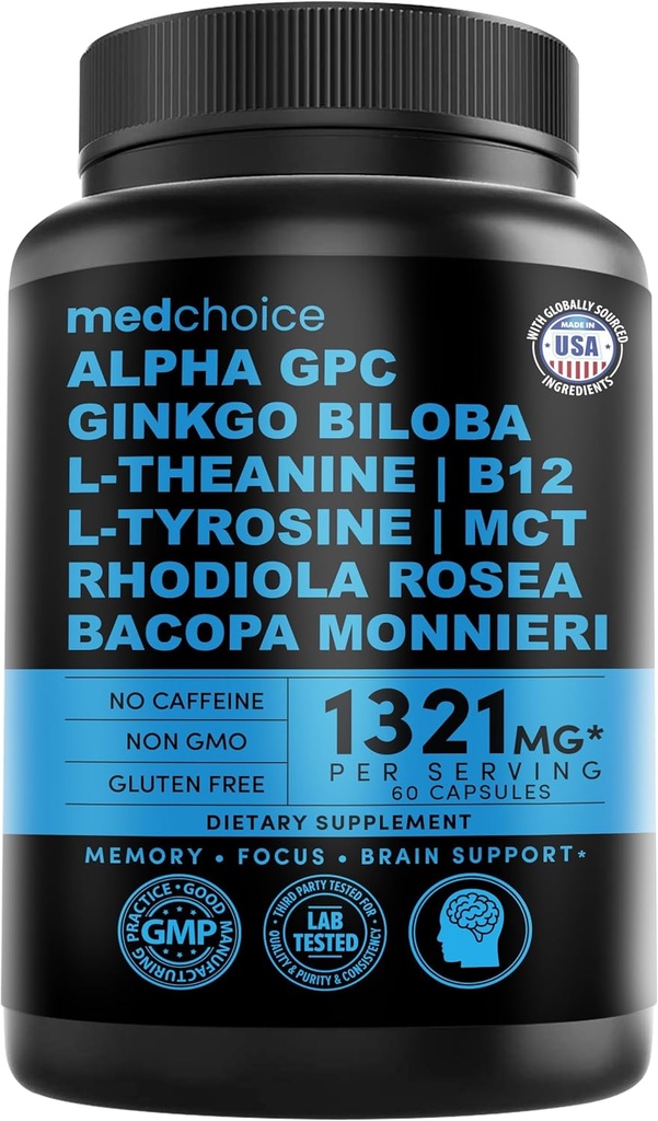 12- in-1 Nootropní Ginkgo Biloba pro podporu mozku, paměť a zaměření - B12, Alpha GPC, L Theanine a Choline Doplňky s bioperine Non Caffeinované 1321mg (60ct)