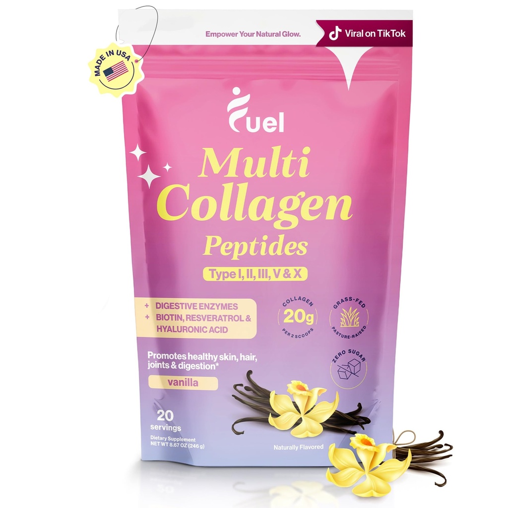 Palivo Multi kolagen Peptidy Powder - 20g Hydrolyzovaný kolagen I, II, III, V & X pro vlasy, kůže, nehty a společná podpora - Lepší absorpce - Keto & gluten Free, Francouzská Vanila 8.67oz