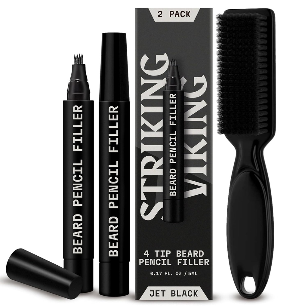 Striking Viking Beard Pencil Filler pro muže - Balení po 2, Jet Black - Vodotěsné Dlouhé-Lasting Beard Pen - 4-Pronged Tip pro Gap Opravy & Barber Pencil - Soft Bristle Brush & Pen Filler