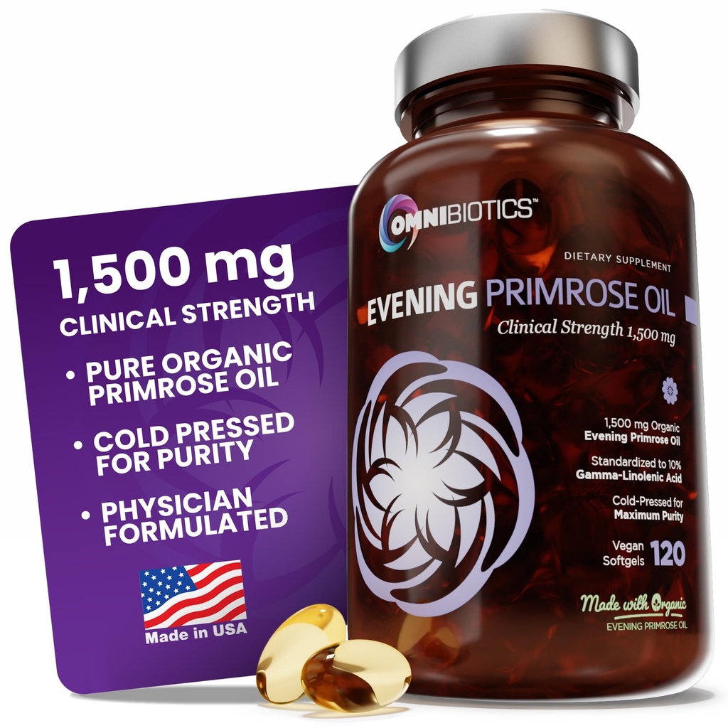 OmniBiotics Organic Evening Primrose Oil pro ženy - Klinická síla 1500mg na kapsli, 10% GLA, Cold- Pressed, Non- GMO, Hormonová rovnováha pro ženy - 120 Vegan Softgel Kapsle