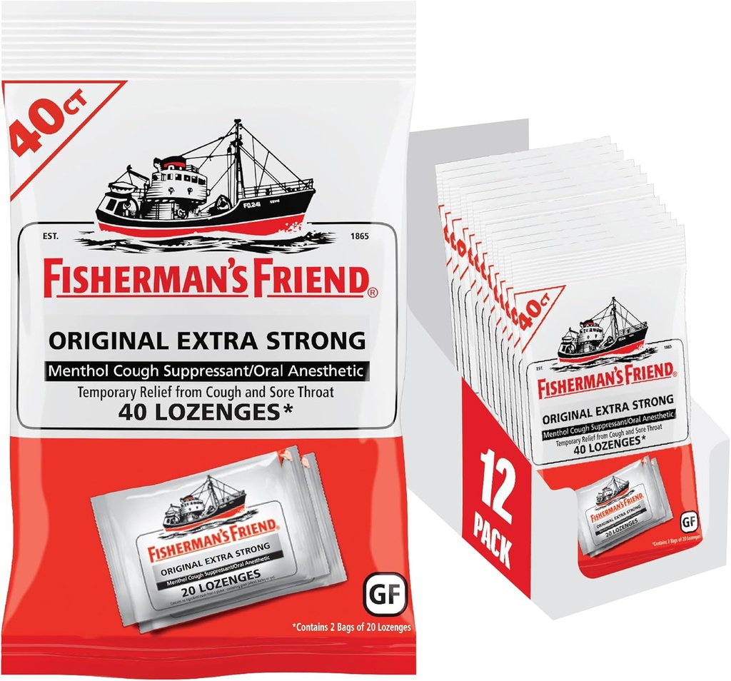 Fisherman 's Friend Cough Drops, Cough Conpressant a Sore Throat Lozenges, Original Extra Strong, 10mg Menthol, 480 Drops (12 balení po 40)
