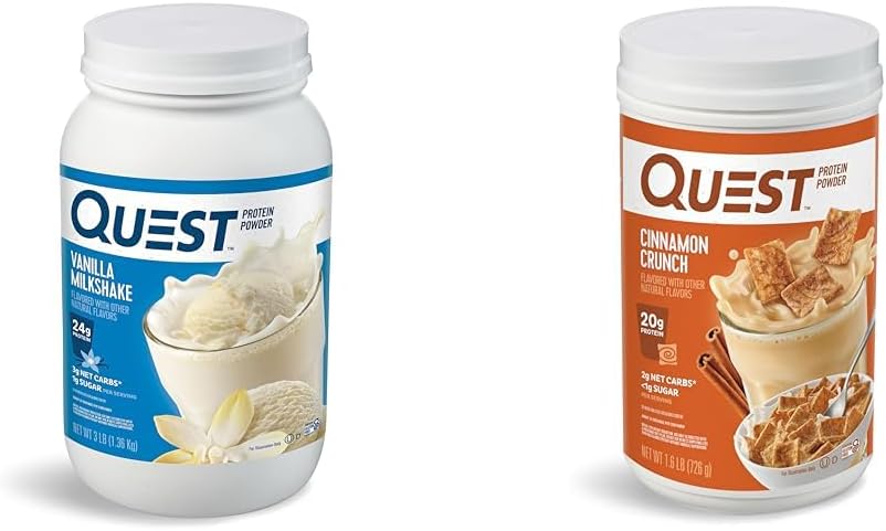 Quest Nutrition Vanilla Milkshake Protein Powder, 24g proteinu, 1g cukru, nízké sacharidy, gluten zdarma, 3 libry, 43 porcí a skořice křupavý prášek, 20g proteinu, 2g čistého karbu, 1g cukru