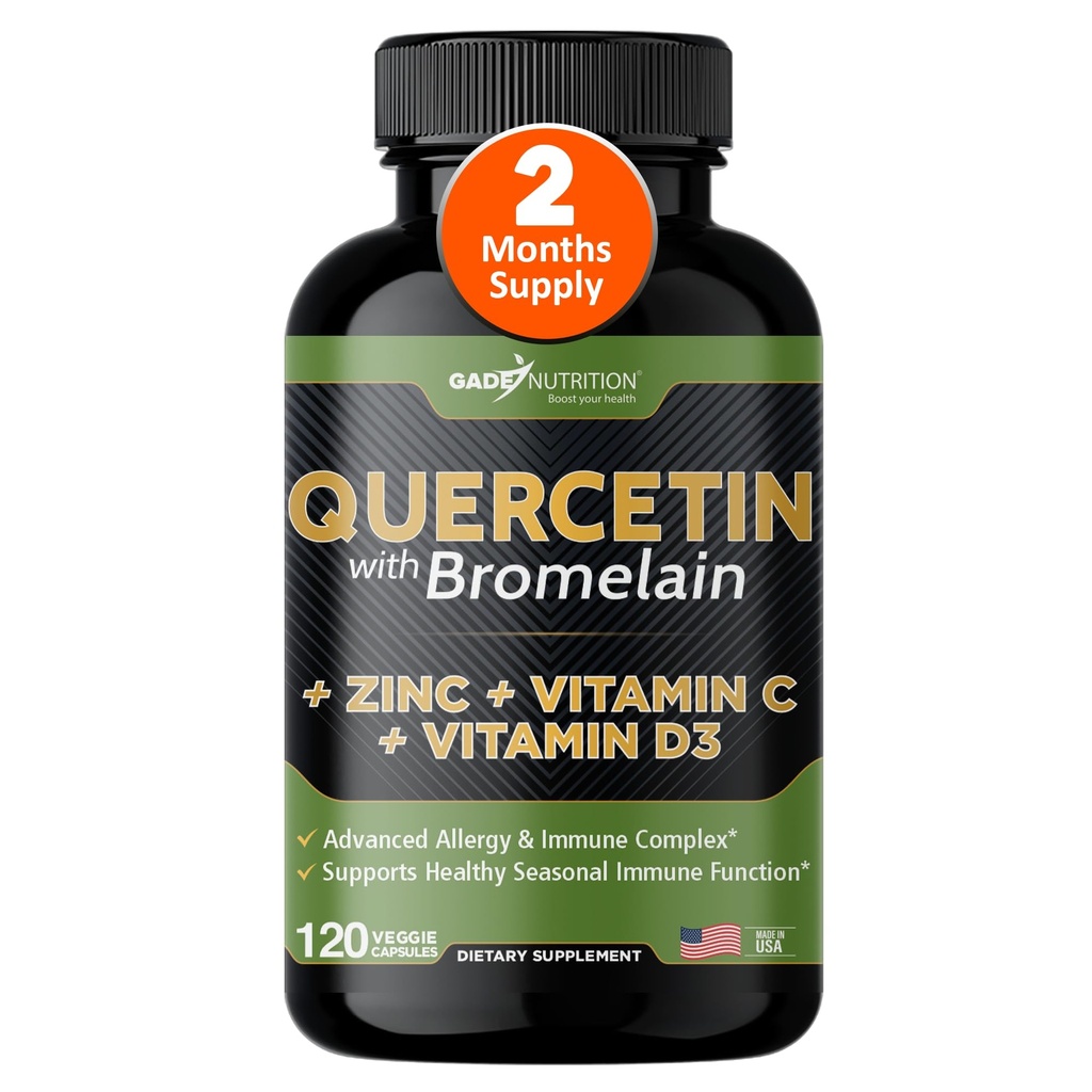 Gade Nutrition Quercetin s bromelainovým vitaminem C a zinkem vitaminem D3 (124; doplněk imunitní podpory v Kapsle 124; Non- GMO, gluten- Free, Vegan (124; vyrobený v USA) 124; 2 Měsíční dodávky