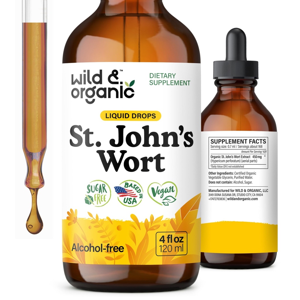 Wild & Organic St Johns Wort Tincture - Mood Support - Calming St John 's Wort Supplement - Hypericum Perforatum Herbal Liquid Drops - Vegan, Cukr & Alkohol Free - 4 fl oz