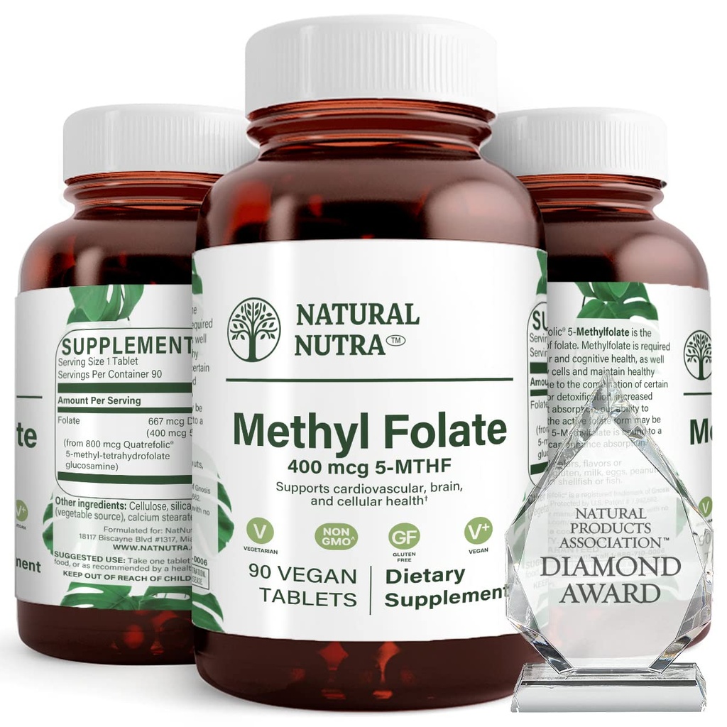 Natural Nutra Active Methyl Folate dodatek s Quatre folic, Podpora srdce a zdraví těla, Pomáhá zdraví mozku, Zlepšit pozitivní Vibes, Nápověda snížit Bone- unavený, B9, 90 Vegan Tablety (Balení 2)