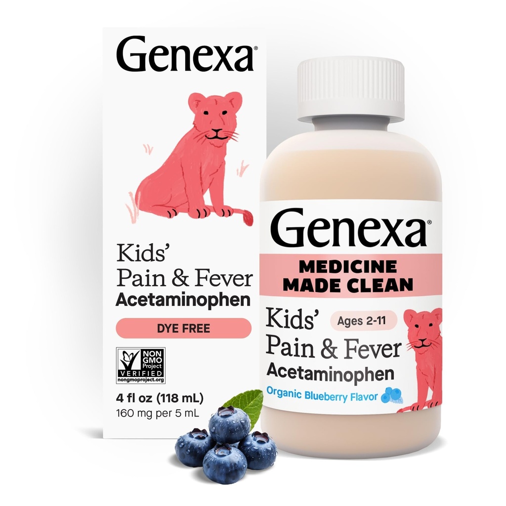Genexa Children 's Clean Acetaminofen PHAR124; Pediatrik Preferred Ingredients PHAR124; Pain & Fever Reducer for Kids PHAR124; Barvy Free, 0% umělé přísady PHAR124; Ages 2-11, Delicious Organic Blueberry Liquid, 4 fl oz