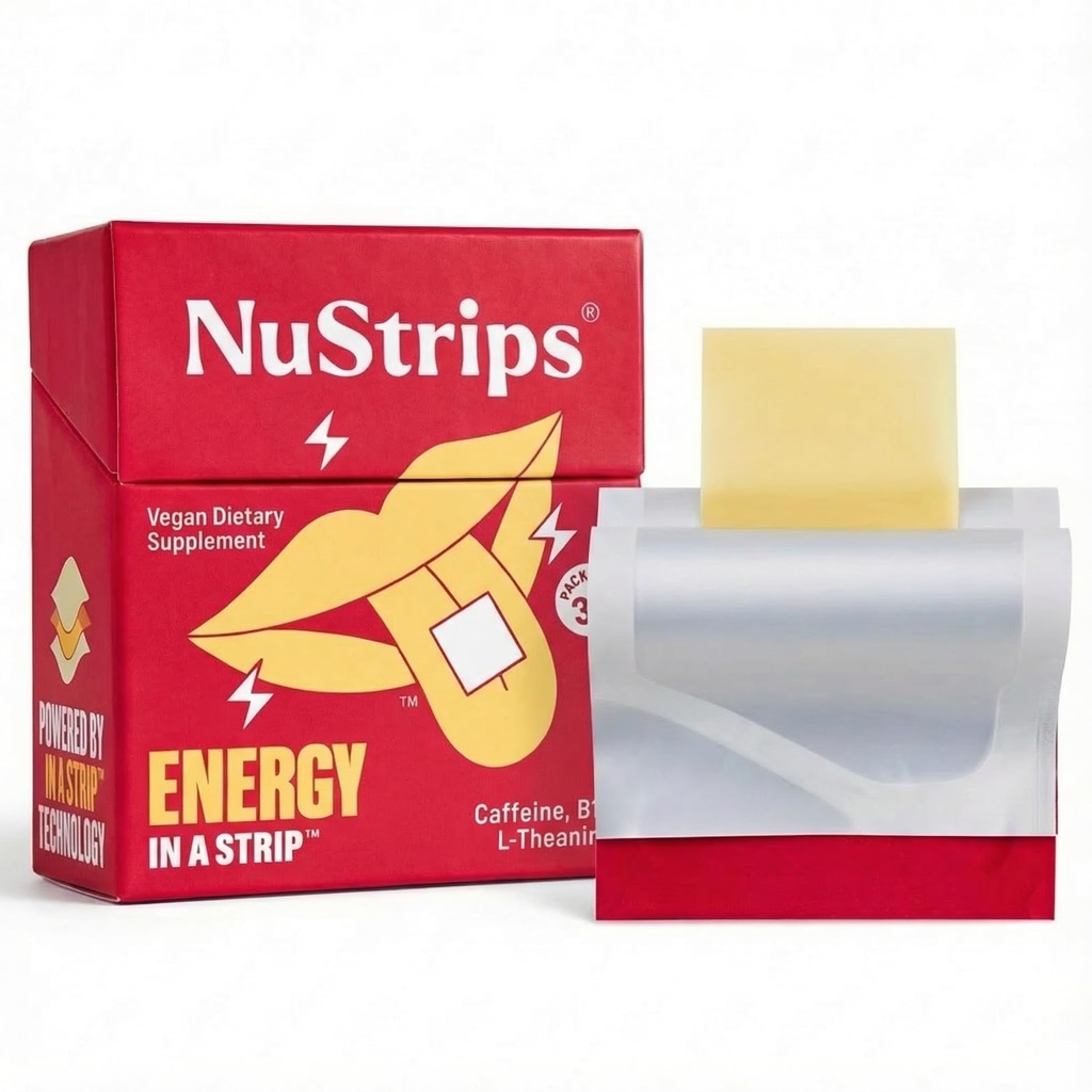 NuStrips ™ Fast- Disolving Energy Strips with 50mg Caffeine, L-Theanin & Vitamin B12 - Instant Energy & Focus Without Jitters or Crash - Works Faster Than Coffee - Soothing Cinnamon (30 Pack)