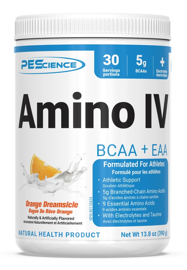 PEScience Amino IV BCAA & EAA prášek, esenciální aminokyseliny, taurin, elektrolyty pro hydrataci a svalovou rekonvalescenci, cukr zdarma pro muže a ženy, příspěvek cvičení - pomerančový Dreamsicle - 30 Služeb