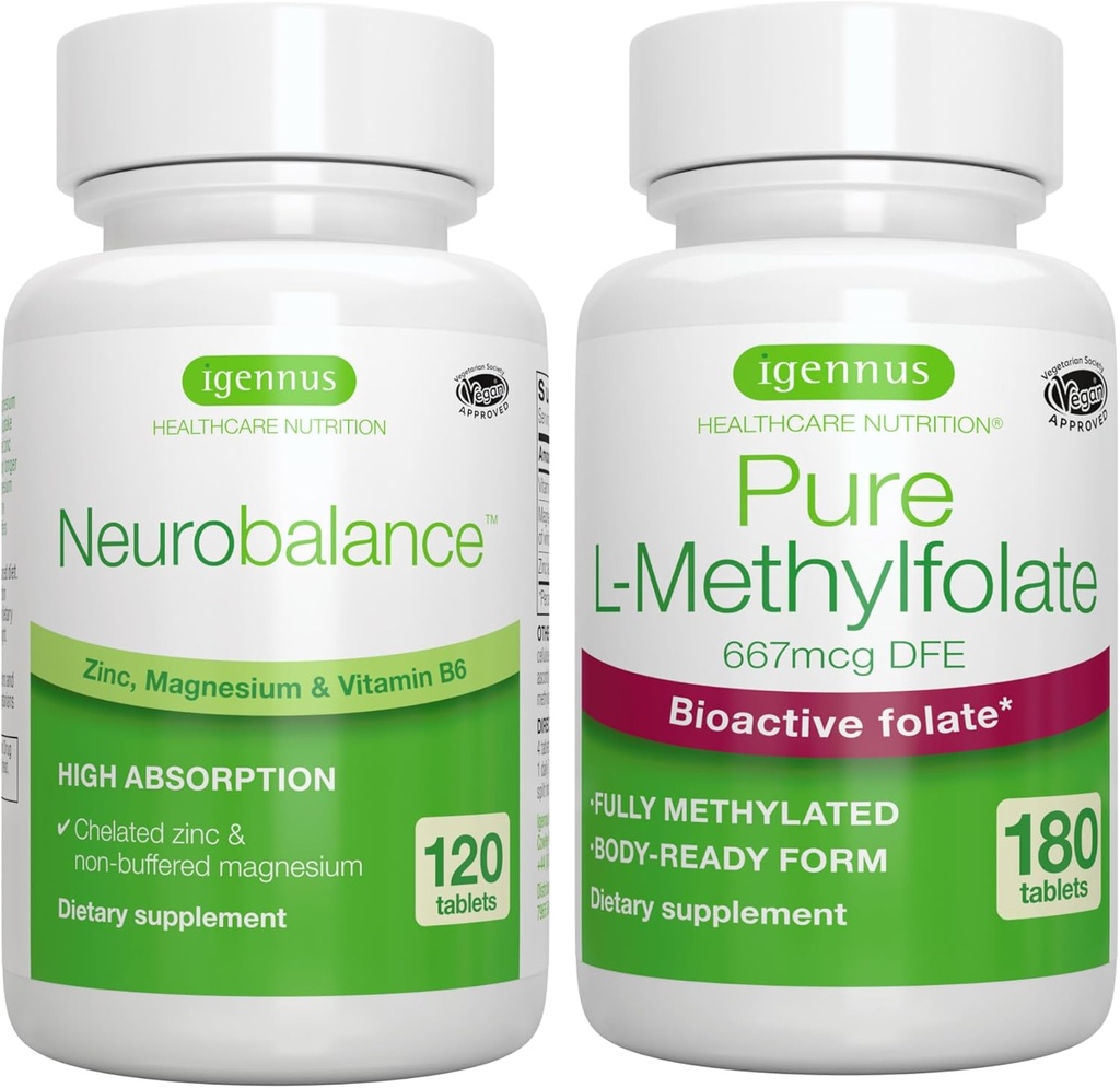 Neurobalance zinek, hořčík a vitamin B6 + čistý folát 400mcg Vegan Bundle, chelatovaný zinek Pikolinát 24 mg, oxide- free magnesium & vitamin B6 + Optimalizovaný L- methylfolát, Igennus