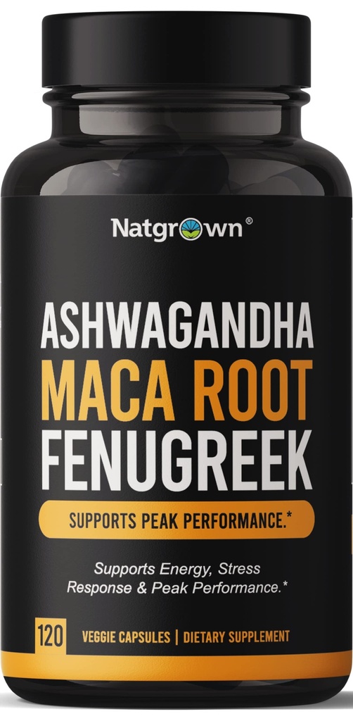 Natgrew Ashwagandha Maca Root Fenugreek Extract Kapsle Dodatek pro muže a ženy - Veganské pilulky - (120 Počet)