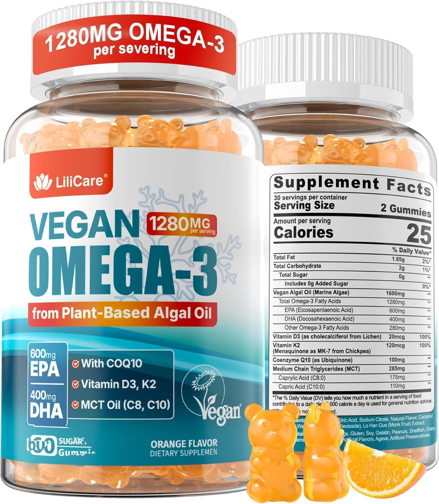 Vegan Omega33 Gummies 1280mg + COQ10 + vitamin D3 K2 (MK7), Omega 3 Fish Oil Alternative pro dospělé w / EPA 600mg DHA 400mg & MCT Olej, žádné ryby chuť z mořských řas, pro mozek, oko, imunita, 1 balení