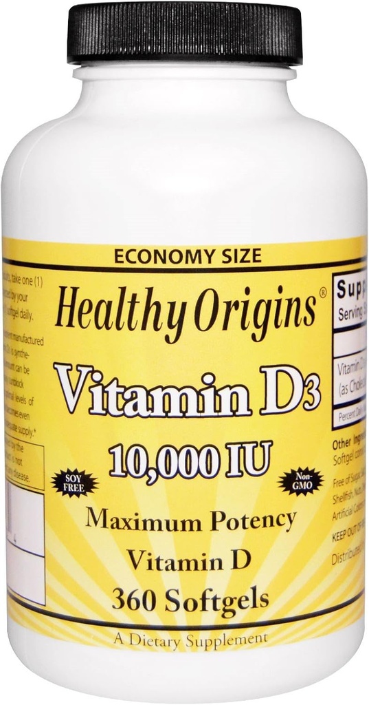 Zdravý původ Vitamin D3 Maximální potence 10,000IU 360 Softgels, celkem 2 balení