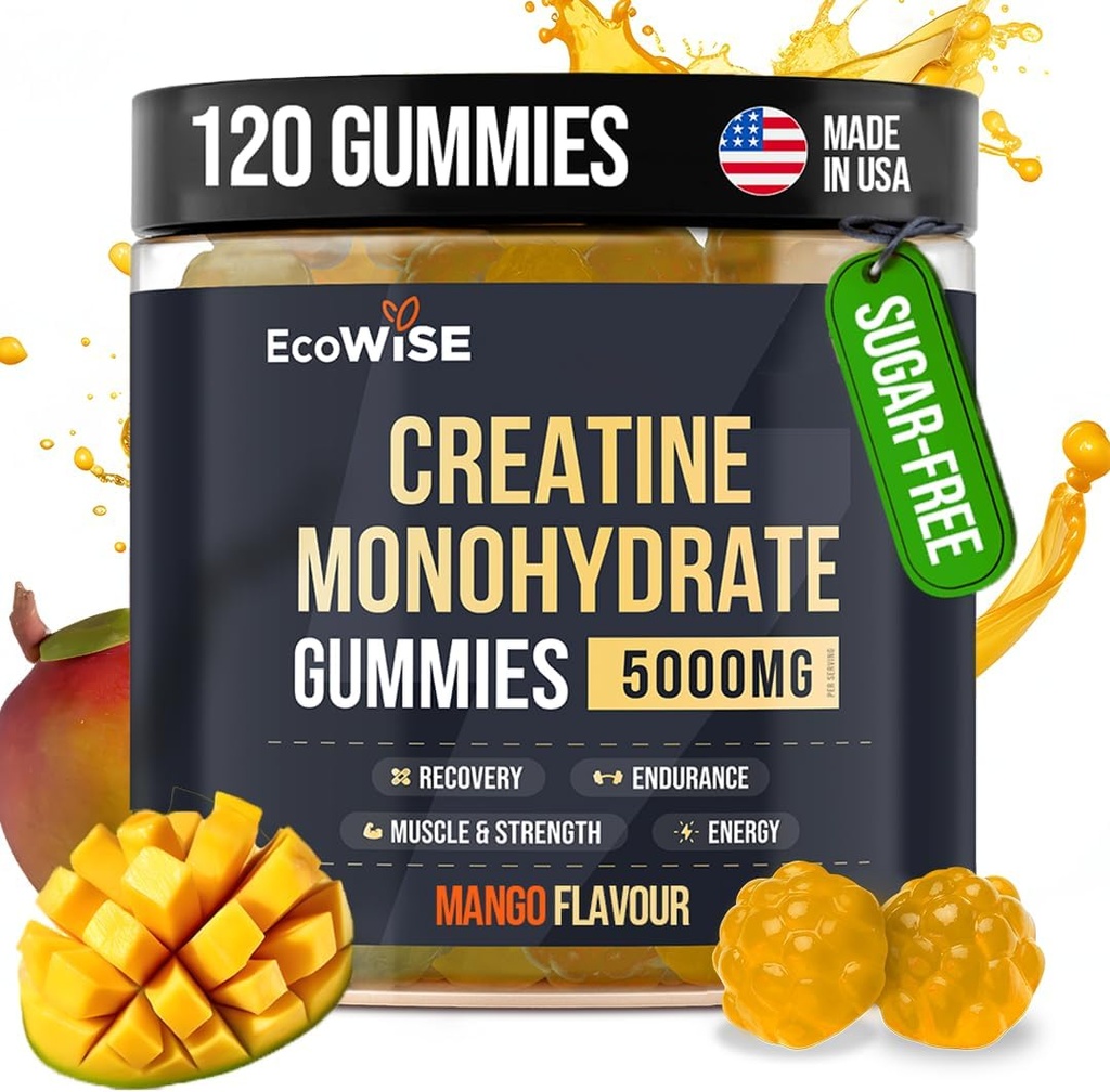 EcoWise Wellness Creatine Monohydrát Gummies 5000 mg, Mango Flavor, 120 Sugar- Free Vegan Chews, Creatine dodatek pro denní rutinu
