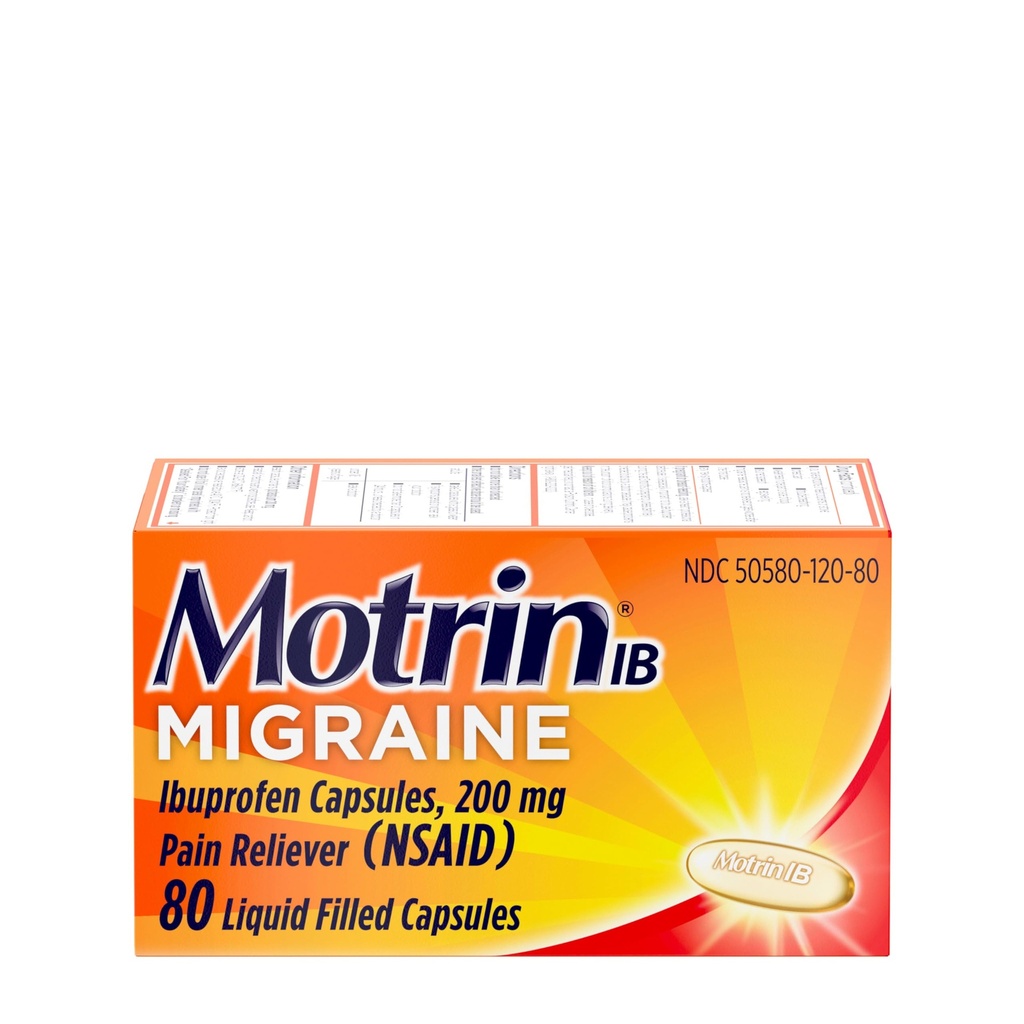 Motrin IB Migréna Relief Liquid Gel Kapsle s 200 mg Ibuprofen per Capsule, Fast & Efektivní Migréna Bolest hlavy Medicine s NSAID Pain Reliever Ibuprofen, Caffeine- Free, 80 ct