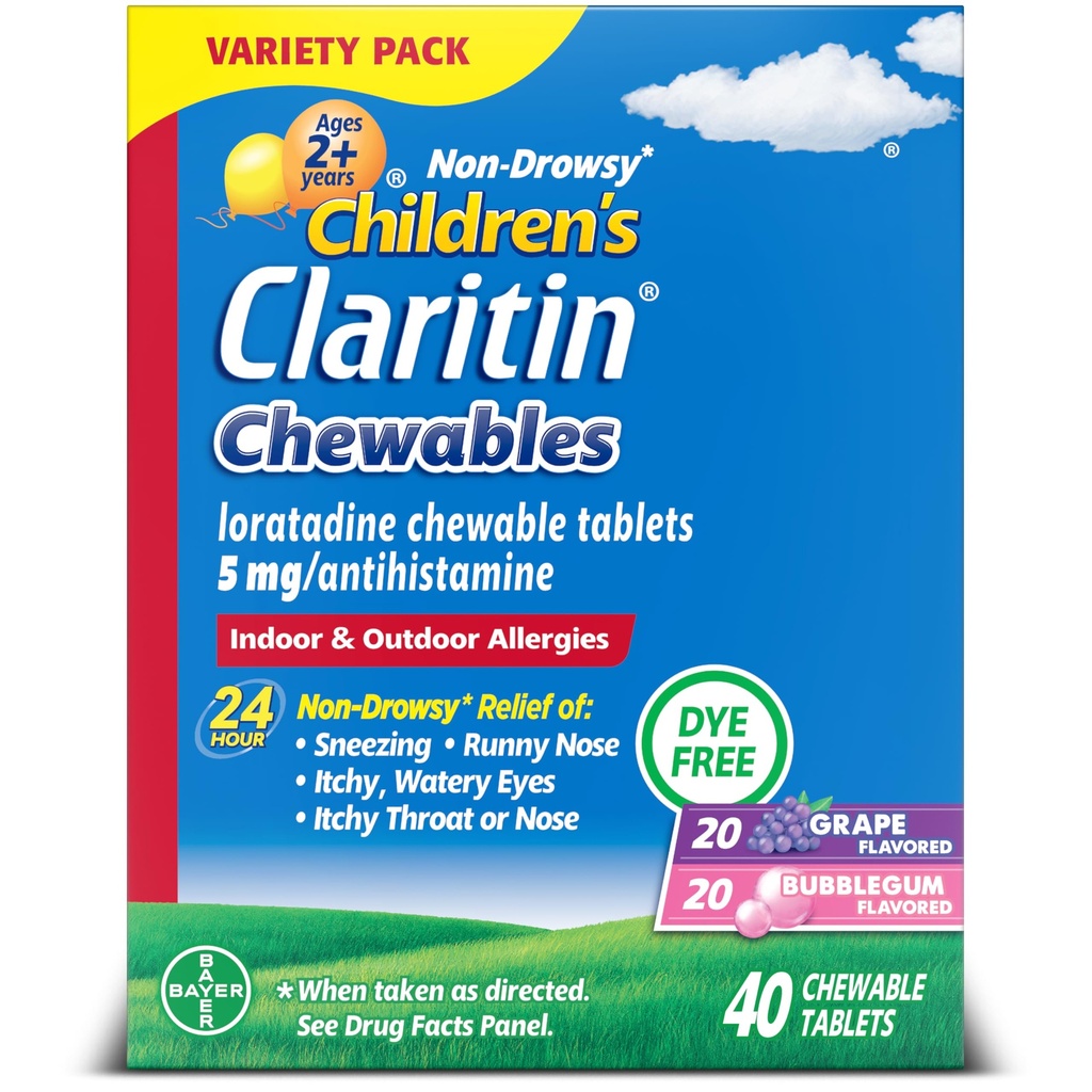Klaritin Dětské alergie Medicína, 24- Hodina Non- Drowsy Lorglitazon 5mg Žvýkací Tablet, Antihistamin pro děti věku 2 roky a starší, Grape & Bubble Gum Flavors, 40 Tablet
