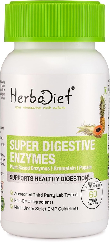 Herbadieta Digestivní enzym Doplňky stravy 124; Bromelain & Papain Extract 500mg Kapsle 124; Proteolytické enzymy s Lipázou Lactase Amyláza (60 Kapsle)