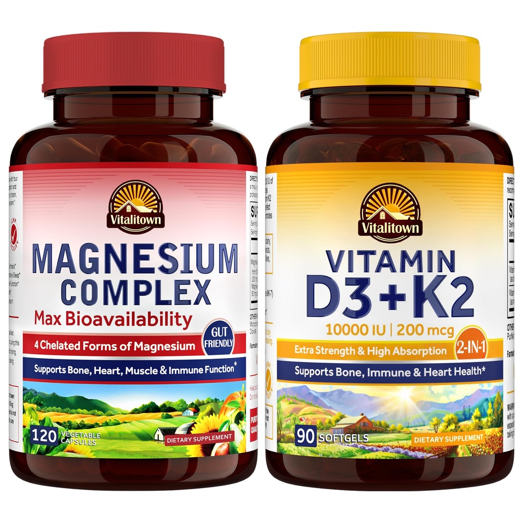 Vitalitown Magnesium Complex & Vitamin D3 K2 Bundle (Balení po 2) 124; pro Bone Heart Immunication & Muscle 124; Magnesium Glycinát, 10000IU D3, MK-7 Glycinát 124; 120 Mag Caps & 90 D3 Softgel