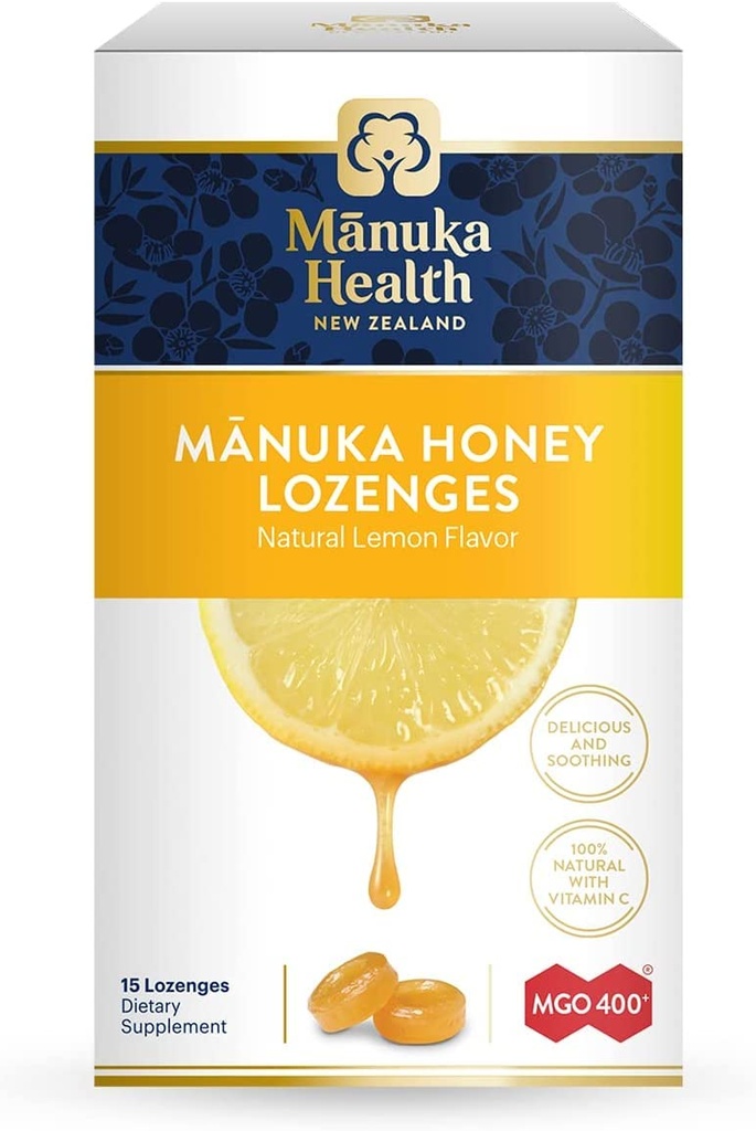 Manuka Zdraví Manuka Honey Lozenges - 15 Lemon Ochucené Lozengy - Přírodní Krční Lozenges Infuze se syrovým Manuka Honey a Vitamin C pro imunitní podporu