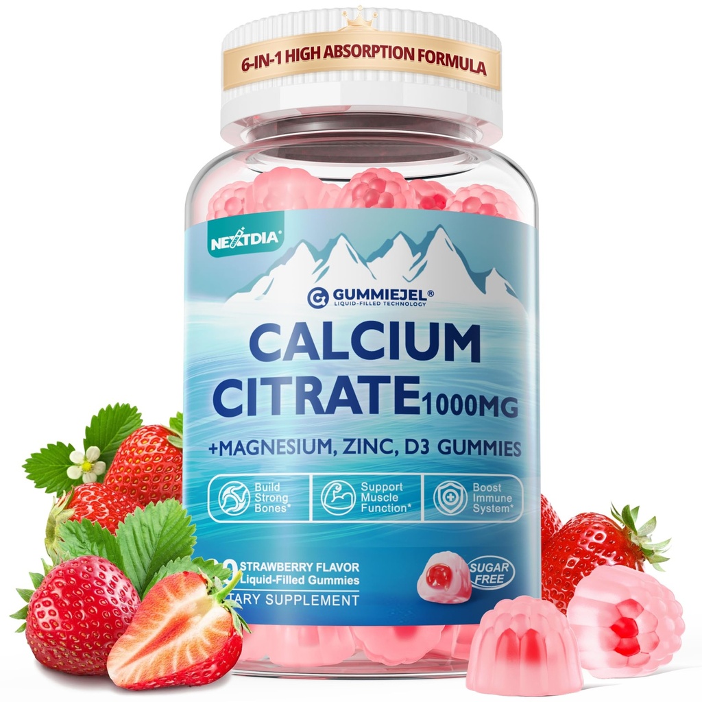 Doplněk k citronanu vápenatému 1000mg pro ženy a muže, 6- in-1 hořčík zinečnaté gumy + vitamín D3, B6 a draslík vysoká absorpce pro kosti, zuby, svalovina a nerv zdraví, vegan, cukr zdarma, 60Cts