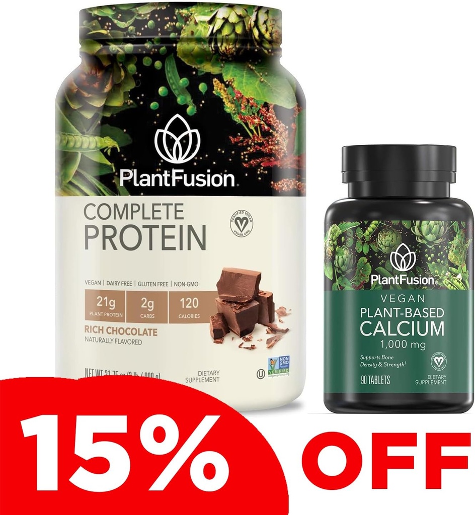 PlantFusion Kompletní Vegan Protein Powder & Calcium Bundle - Plant Based Protein Powder with BCAA, Digestive Enzymes and Pea Protein