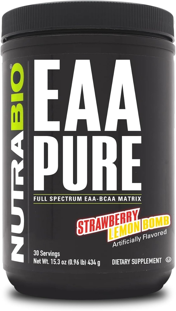 NutraBio - EAA Pure - 9 aminokyselin - Svalová oprava a zotavení, 30 Služeb, Jahodová citrónová bomba - Pre nebo Post Workout - All Day Recovery