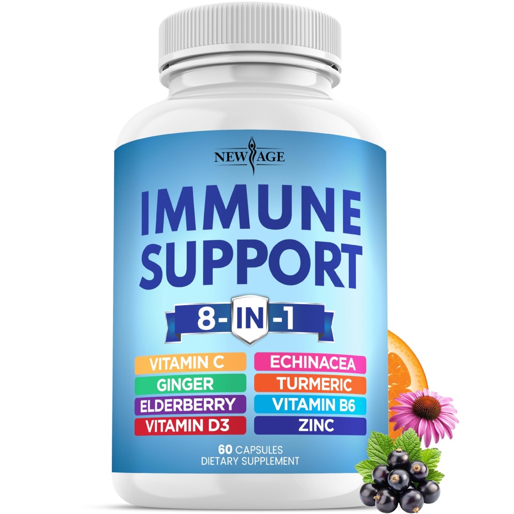 NOVÝ Věk 8 v 1 Imunitní podpora Booster dodatek s Echinacea, Vitamin C a zinek 50mg, Vitamin D 5000 IU, Kurkumin a zázvor, B6, Elderberry 60 Počet (balení po 1)