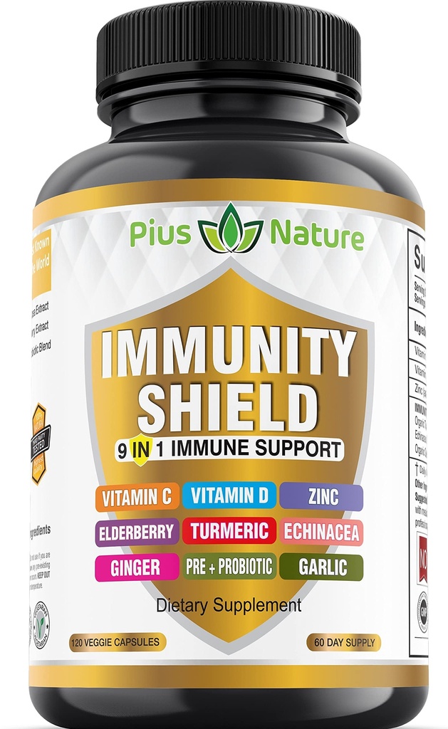 9- in-1 Imunitní podpora Vitamin C (1000mg), Vitamin D3 (5000 IU), Zinek (22mg) s Elderberry, Turmeric, Echinacea, Ginger, Česnek a Pre + Pro-Biotic per Serving (120 čepice na láhev - 2 měsíce dodávky)