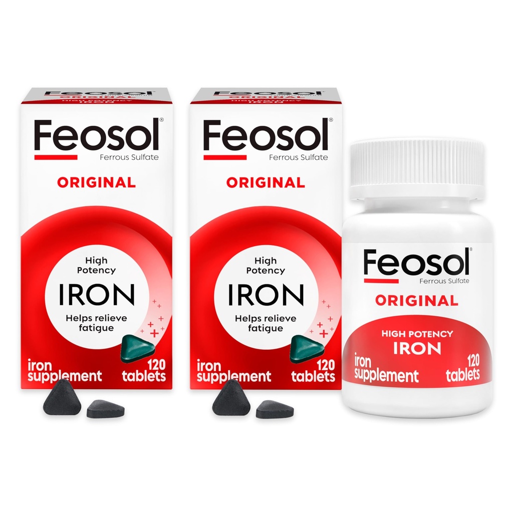Feosol Original Iron Supplet Tablety, Non- heme 325mg Ferrous Sulfát (65mg Elemental Iron) per Pill, 1 per day, 4 Month Supply, pro podporu energetického a imunitního systému (120 ct Pack of 2)