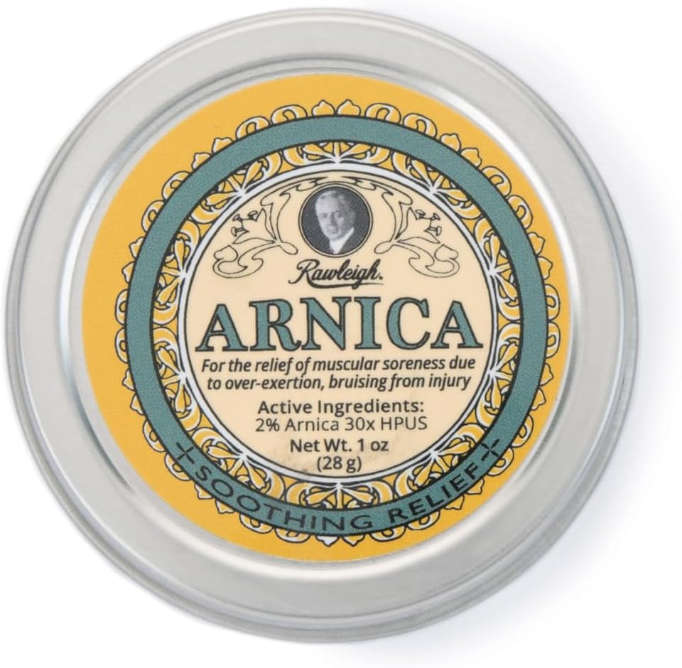 Rawleigh Arnica Soothing Balm: 1 oz, 2% Arnica 30X HPUS, přírodní vzorec pro svalovou bolestivost, Nadměrné podlitiny, Absorbuje rychle, Non Greasy, Travel- Friendly Tin - balení po 1
